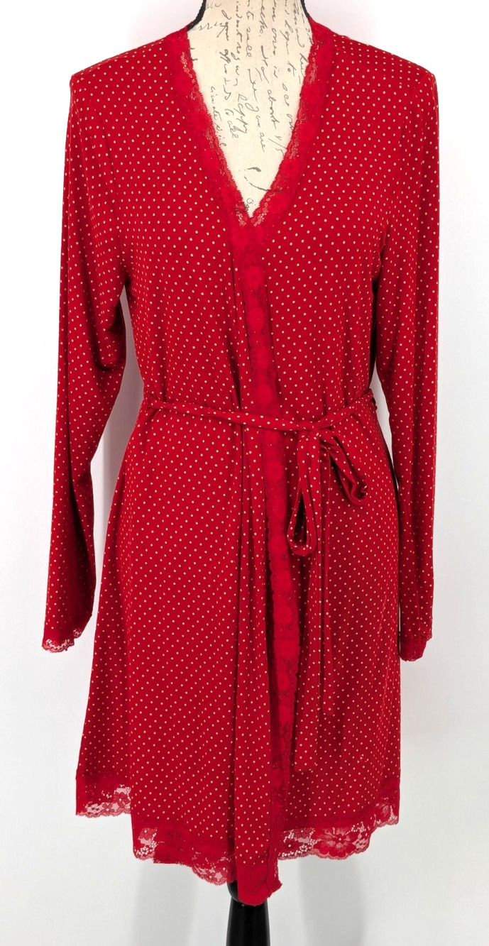 VICTORIAS SECRET Red White Polka Dot Robe M/L Wrap Knee Length Love Boho